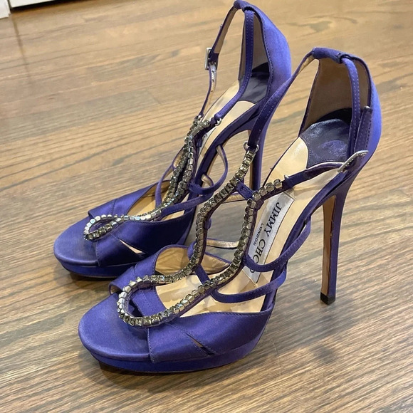 Jimmy Choo Strappy Crystal Embellished Sandals in Purple Satin - Picture 2 of 16